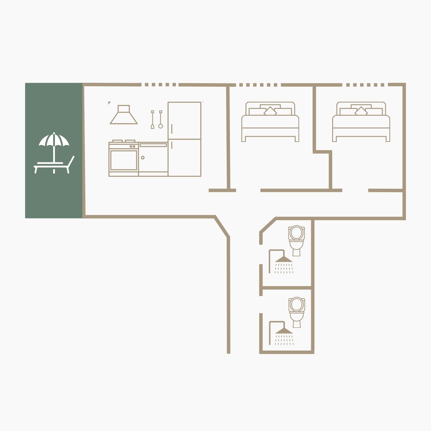 Grundriss der Ferienwohnung Mountain Nook mit zwei Schlafzimmern, Wohnküche, zwei Schlafzimmern und Terrasse.