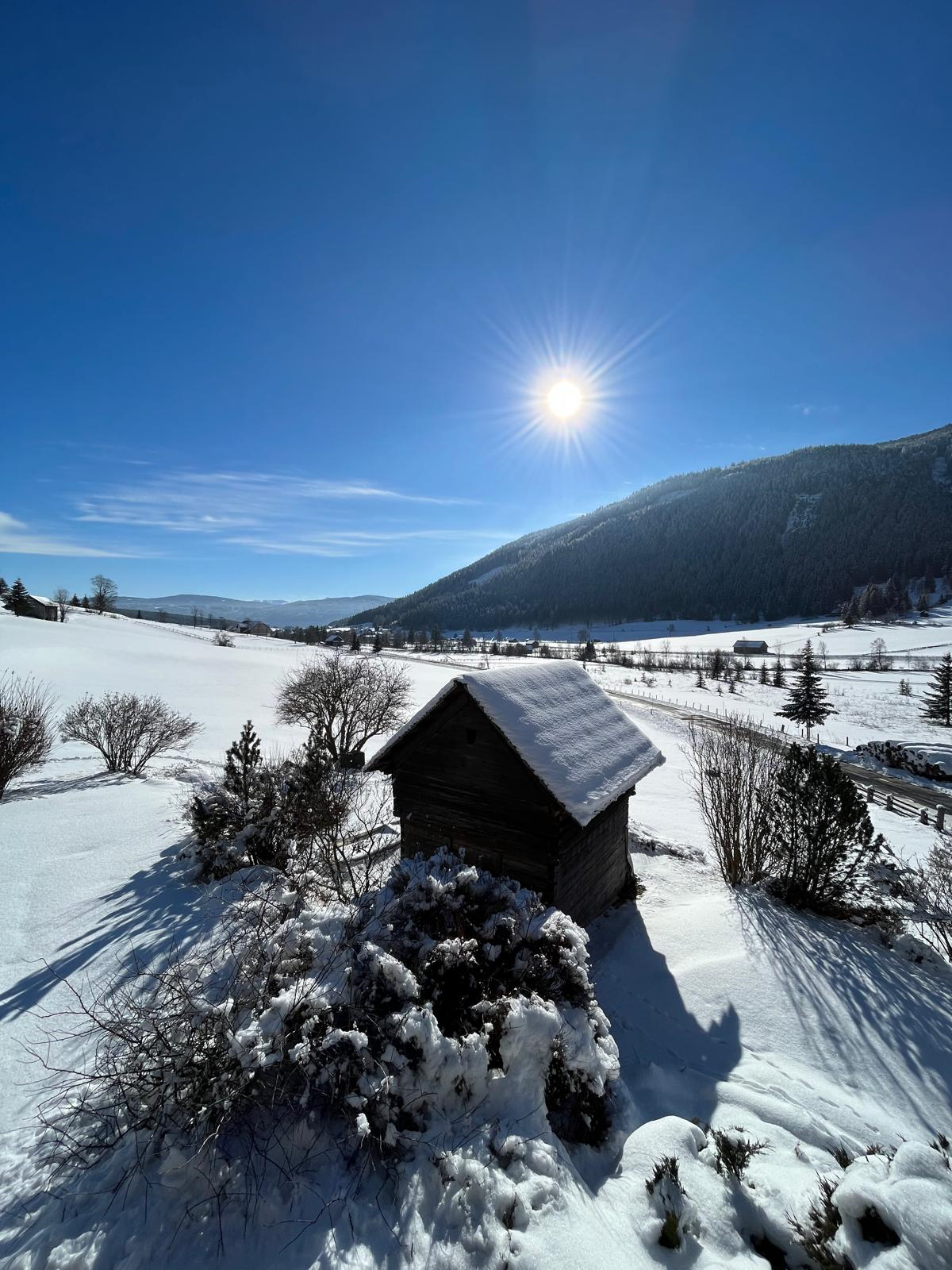 Schneebedeckter Lungauer Getreidekasten im Garten der Ferienwohnungen Longaview mit blauem Himmel und Sonnenschein