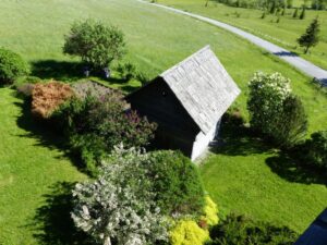Ein sogenannter Lungauer Getreidekasten, d.h. eine Hütte zur Lagerung von Getreide in einem Garten inmitten von blühenden Büschen und Wiesen.